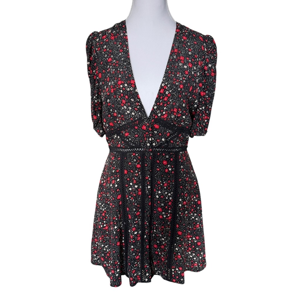 Free People Piece Of Your Heart Mini Dress Small Black Red Floral Crochet Dainty